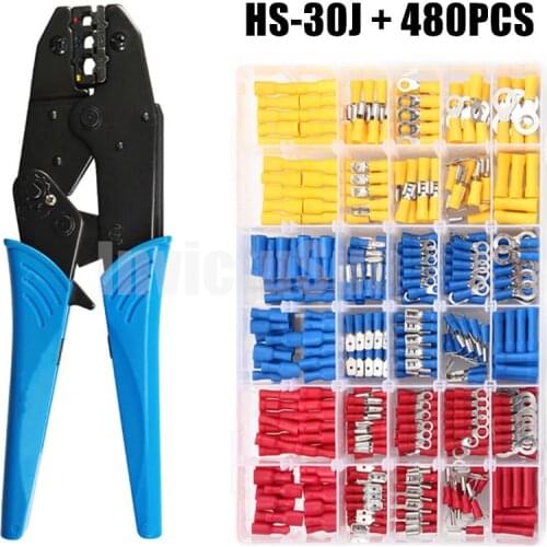 480PCS Spade Terminals Insulated Cable Connector Electrical Wire Crimp Butt Ring Fork Set Ring Lugs Rolled Crimper Plier Kit