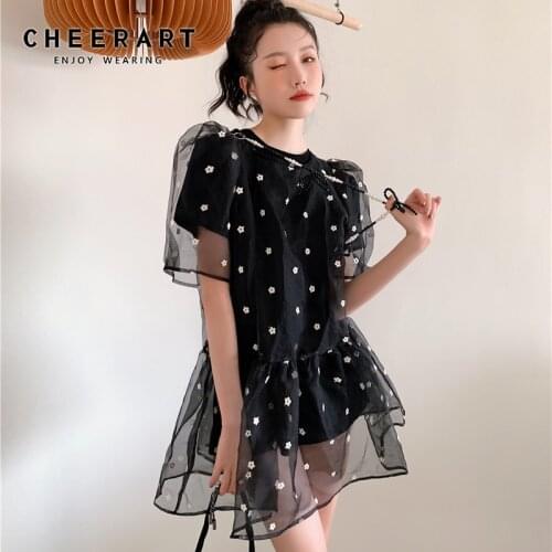 CHEERART 2 Piece Mesh Puff Sleeve See Through Sheer Dress Korean Fashion Summer Black Puffy Tulle Dress Women With Bead Chain