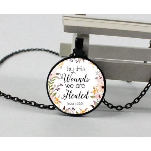 Through His Brushing We Are Healed Isaiah 53 5 Bible Verse Necklace Glass Tile Pendant Fashion Jewelry Men Women Christian Gift