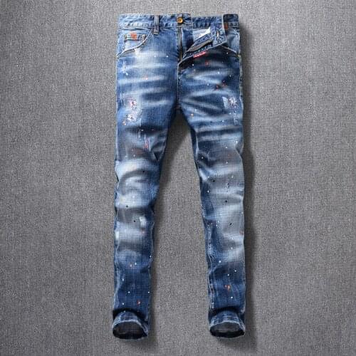 Newly Fashion Streetwear Men Jeans Retro Blue Elastic Slim Fit Painted Designer Ripped Jeans Men Korean Hip Hop Denim Punk Pants