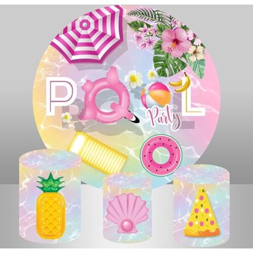 Swimming Pool Round Background Baby Birthday Party Decor Dessert Table Banner Cylinder Cover Summer Beach Circle Backdrop