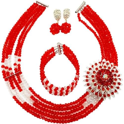 Fashion Red Clear AB Crystal Beaded Multi Strands Necklace Nigerian Wedding African Beads Jewelry Set for Women 5C-YHK13