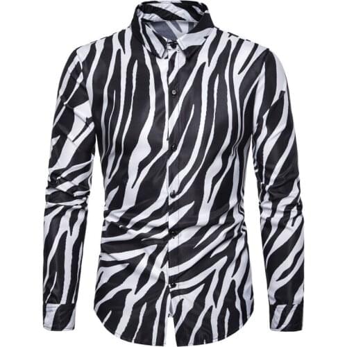 2019 New Nightclub Party Zebra Striped Mens Shirts Casual Slim Fit Long Sleeve Camisa Social Mens Dress Shirts Chemise Homme 3XL