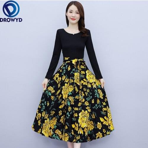 2021 New Autumn Retro Printed Round Collar Long Sleeve Maxi Dress Collect Waist Women Long Dress Fashion Elegant Party Vestidos