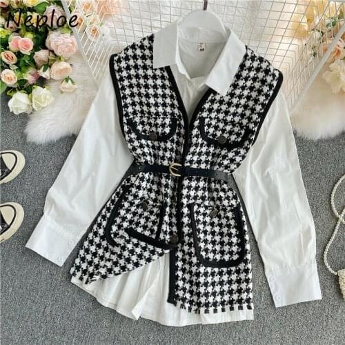 Neploe Autumn New Suit Solid Color Simple Women Blouse + Chic Sashes Slim Waist Plaid Panelled Patchwork Vest 2 Piece Set