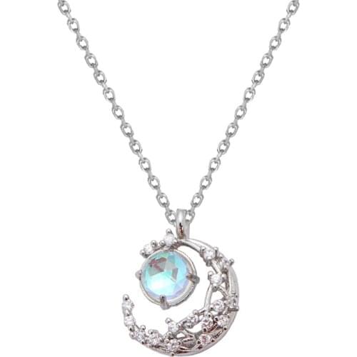 Fashion Womens S925 Silver Platinum Plated Fantasy Aurora Star Moon Pendant Personalized Necklace Gift