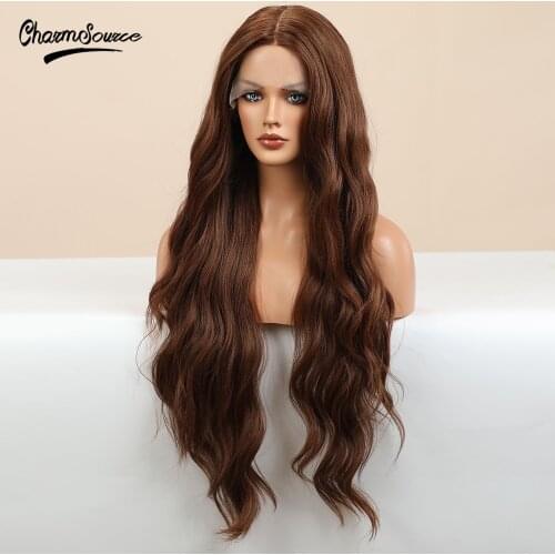 CharmSource Long Black Blonde Brown Wigs Natural Wavy Front Lace Wig for Black Women Daily Party Use High Density Synthetic Hair