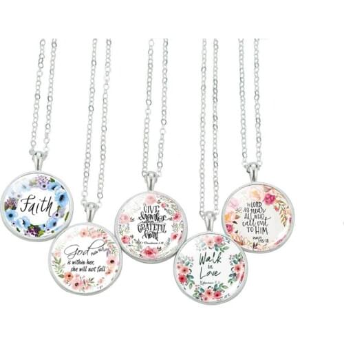 Religious Jewelry (psalm 46:5) Glass Cabochon Tibetan Silver Necklace "Faith,believe"Bible Verse Pendant Christian Gift