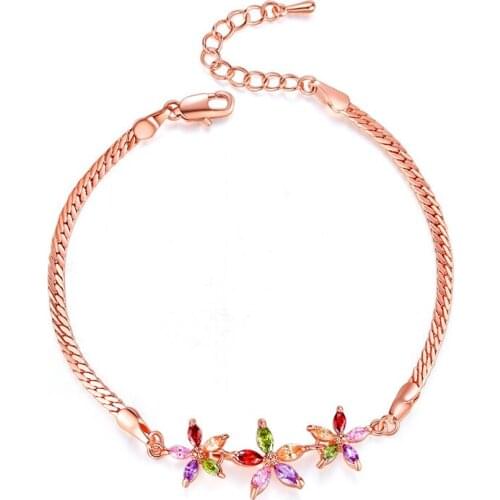 Luxury Fashion Rainbow Zirconia Flower Bracelet Simple Single Row Adjustable Rose Gold Bracelets For Women Birthday Gift