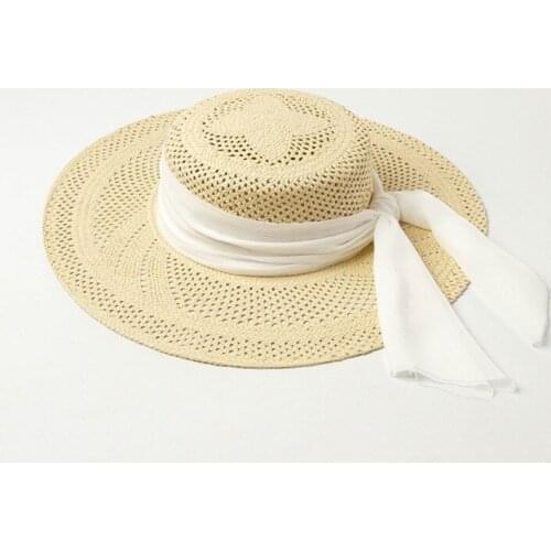 Spring summer new fashion hollow flower woven and ribbon papyrus big eaves flat top straw hat outdoor beach sunshade straw hat
