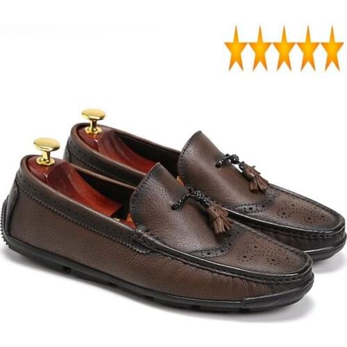 Leather British Classic Mens Genuine Moccasin Gommino Tassels Slip On Loafers Office Work Man Low-top Flats Formal Dress Shoes