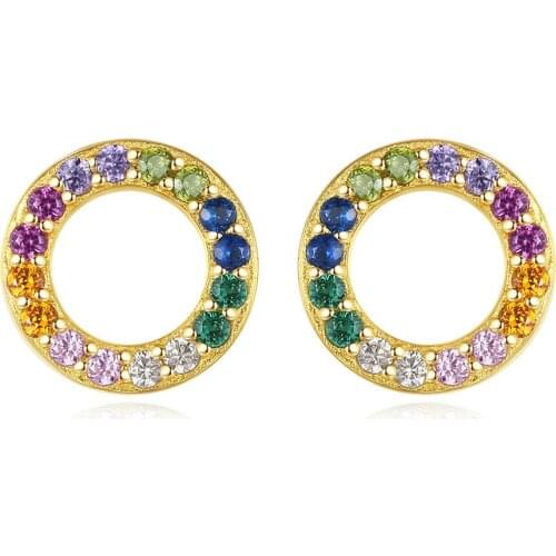 Solid S925 sterling silver gold-plated Earrings inlay colored zircon gemstone fashion women jewelry Ear Studs Hollow circle