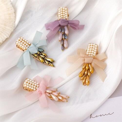 Bow Hair Clip 2021 New Korean Retro Crystal Fairy Bangs Hairwear Women Clip Side pearl Headdress Female Trend Hair Accessories