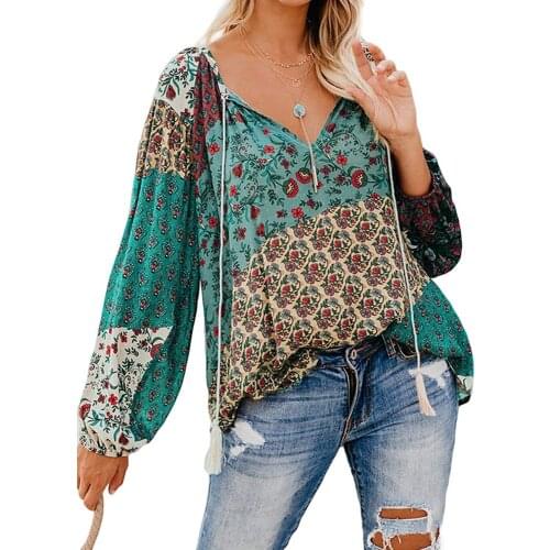 2020 Spring Summer Loose V-neck Flower Blusas Plus Size Women Casual Long Sleeve Sun Protection Beach Womens Tops And Blouses