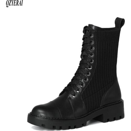 QZYERAI New style Genuine leather Martin boots Female boots Womens boots black cowhide lace-up Womens shoes Size 34-40