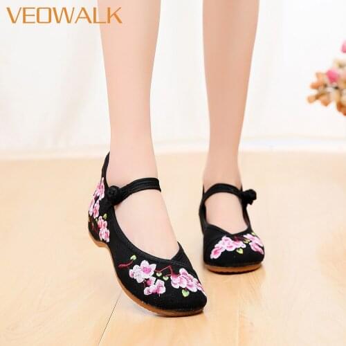 Veowalk Women Canvas Embroidered Ballet Flats Ankle Strap Elegant Ladies Casual Flat Shoes Vegan Comfortable Retro Ballerinas