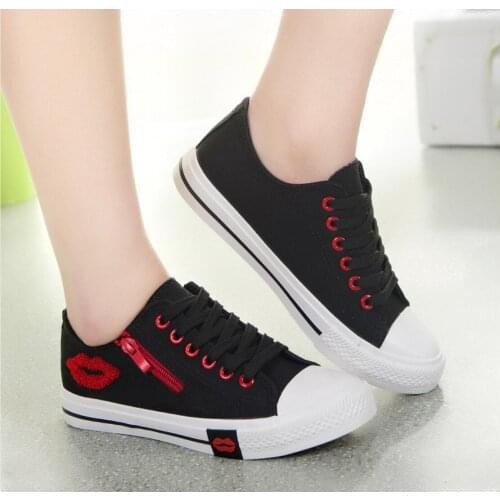 All-match Red Lip Womens Canvas Shoes lace-up Side Zipper Student Flat Casual Sports Shoes Ladies Autumn Vulcanized Shoes