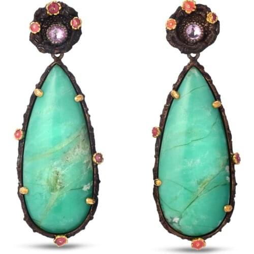 Fashion Vintage Flower Black Natural Turquoises Earring Green Stone Water Droplets Dangle Earrings for Women Female