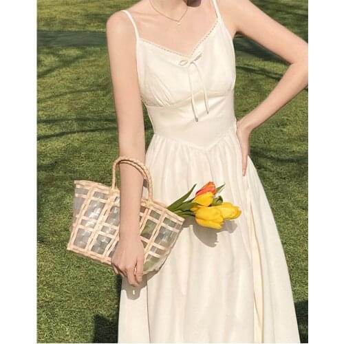 Beach Sundresses For Women Summer 2021 French Vintage Strap Dress Sleeveless Elegant Midi Dress Females Design Korean Style