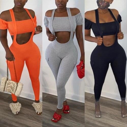 Casual Female Slim Tracksuit 2Pcs Set Women Outfits Solid Color Off Shoulder Short Sleeve Crop Tops Sling Jumpsuit Matching Sets