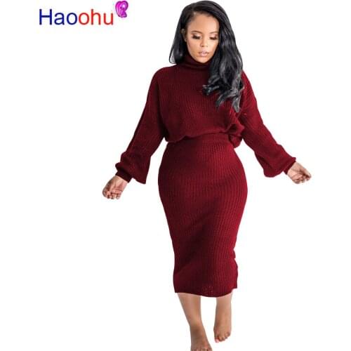 HAOOHU Knitted 2 Piece Set Women Clothes Fall Winter Outfit Turtleneck Sweater Top and Midi Skirts Matching Suit Two Piece Set