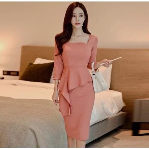 New arrival women OL elegant square collar pink simple dress new arrival temperament comfortable slim party formal pencil dress