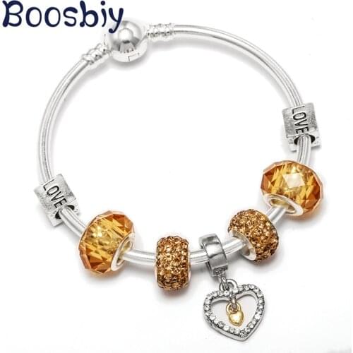 Boosbiy High Quality Silver Plated Heart Beads Charm Bracelet & Bangle For Women DIY Brand Bracelet Girl Jewelry Femme Bijoux