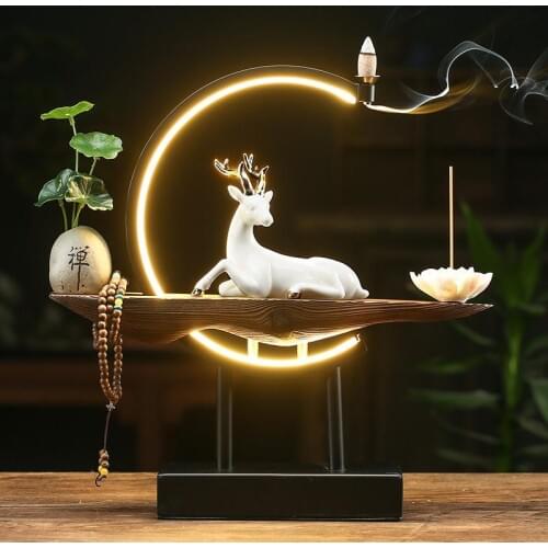Buddhist Backflow Incense Burner Holder Smoke Waterfall Censer Buddha Lotus White Deer Burner With Lamp Circle Home Decoration