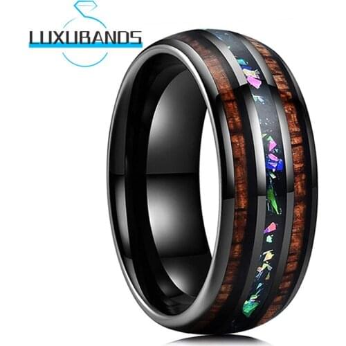 8MM Black Womens Mens Wedding Rings Multicolor Opal Chip Koa Wood Inlay Engagement Domed Bands Polished Finished Comfort Fit