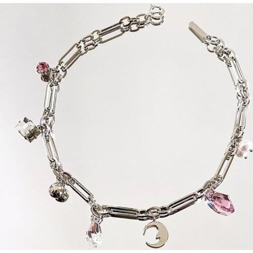 Ins jewelry silver metal chain Moon Crystal multi pendant short necklace female Choker clavicle chain necklace