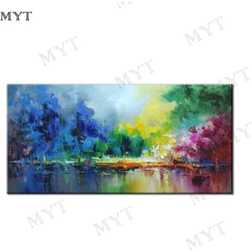 MYT The Beautiful Lake Flower and Tree Pure Handmade Oil Painting on Canvas Oil Painting for Living Room Wall Art Decoration