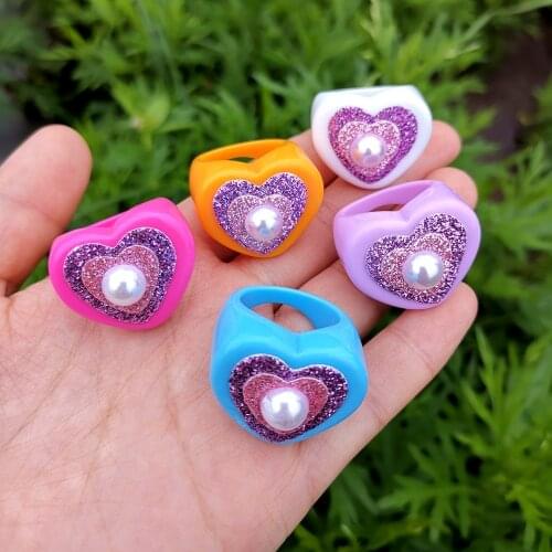 Lost Lady New Cute Resin Heart Rings Simulated Pearl Crystal Finger Rings for Girls Women Jewelry Party Gift Accessories