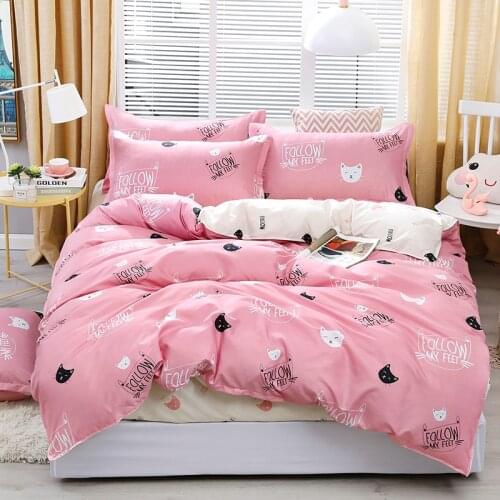 Pink Fashion Bedding Set Simple Cat Animal Duvet Cover Sheet Set With Pillowcase Set Full Queen Size Kids Adults Bedclothes