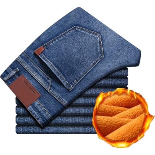 Mens Jeans 2021 New Straight Winter Classic Business Casual Thickening Elastic Brand Pants Blue Black Jeans comfortable