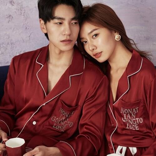 Couple 2PCS Faux Silk Pajama Sets Spring New Full Sleeve Shirt&Pant Sleepwear Letter Sequins Trim Nightwear Loose Home Wear