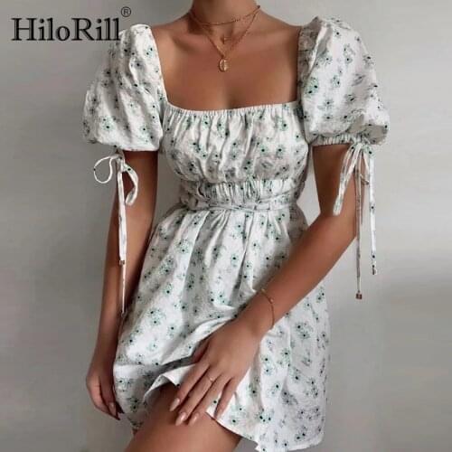 HiloRill Women Bow Tie Floral Print Retro Mini Dresses With Belt Summer Puff Short Sleeve Sweet Dress Square Collar Beach Dress