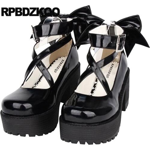 Platform Pumps Ladies 3 Inch Sweet Ankle Strap Patent Leather Thick Round Toe Lolita Fashion Shoes Bow Kawaii Cross High Heels