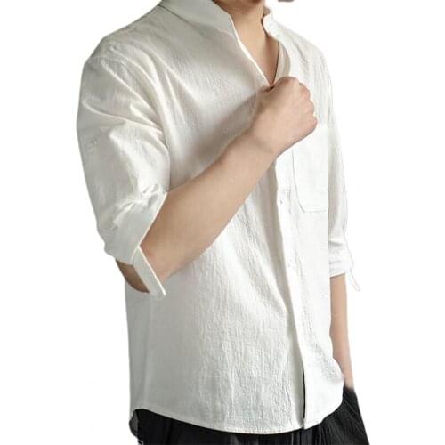 Half Sleeve Casual Shirt Stand Fashion Summer Shirt Buttons Closure Breathable Shrink ResistantSolid Color Loose Shirt forOffice