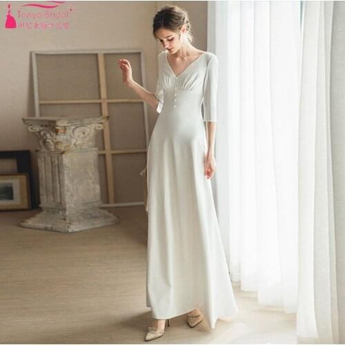 High Waist V-Neck Wedding Dresses Simple Soft satin Half Sleeve Bridal wedding dress Beach gown ZW278