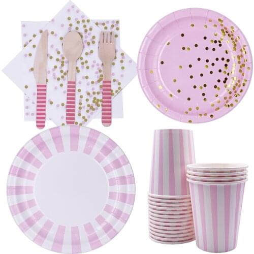 High-quality Spotted Striped Disposable Tableware Pink Plate Cup Wooden Cutlery Happy Birthday Party Decor Kids Girl Baby Shower