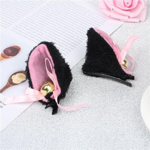 1Pair White Black Cat Ears With Bell Hair Clip Cosplay Party Fox Long Fur Costume Hair Clip Halloween Gift Hair Accessory