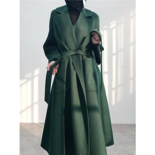 Luxury water ripple wide sleeve lace up new knee length double-sided pure cashmere coat womens wool coat