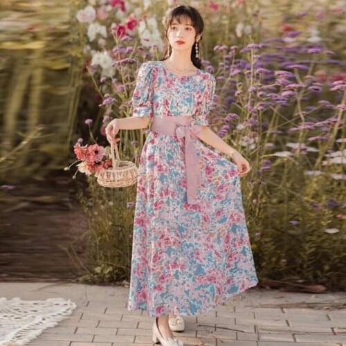 2021 Summer New Short Sleeve Oil Painting Wind Chiffon Floral Dress Women Round Neck Seaside Beach Holiday Printed Dress