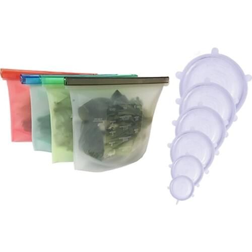 4PCS 1000ml /1500ml Silicone Bag Reusable Silicone Food Bag + 6PCS Silicon Stretch Lips, Food Storage Bag Fresh Bags Organizer