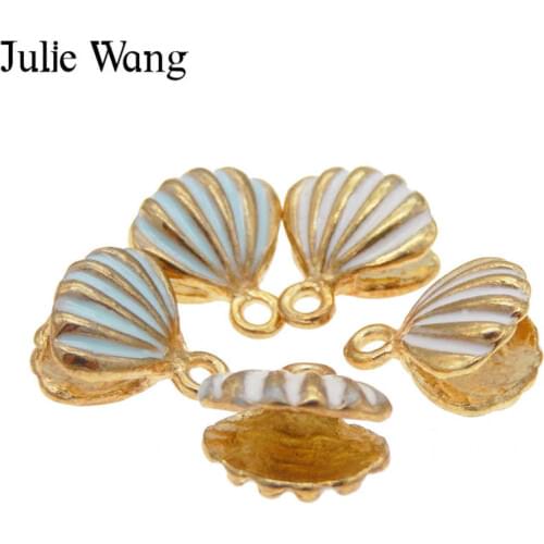 Julie Wang 4PCS 13x12mm Enamel Pink Blue Shell Charms Gold Tone Bracelet Necklace Alloy Pendant Women Jewelry Making Accessory