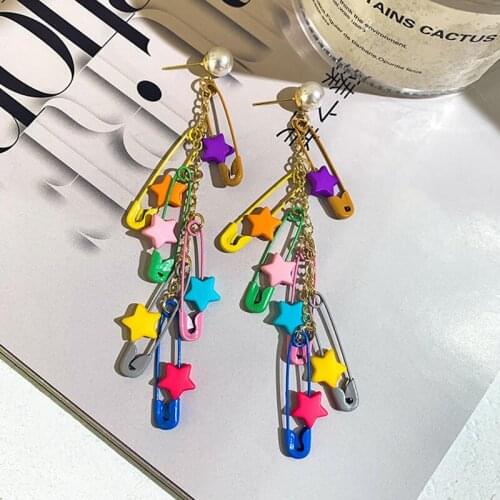 AOMU 2021 Spring Summer Trend Sweet Colorful Star Pearl Disco Buckle Pin Long Tassel Drop Earrings for Women Trip Jewelry Gifts