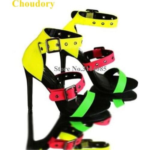 Choudory Neon Yellow Pink Green Patchwork Sandals Thin High Heels Buckle Strap Dress Shoes Mixed Color High Heel Pumps Wedding