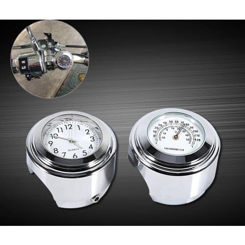 7/8" 1" Motorcycle Handlebar Mount Watch Dial Clock & Thermometer Temp White