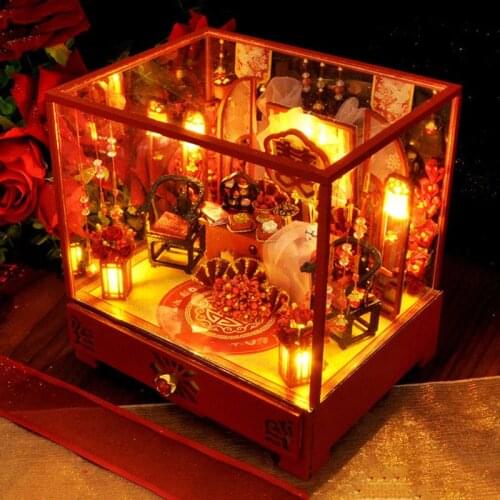 DIY Wooden Dollhouse Miniature Building With Furniture Assemble Toys Chinese Wedding Cottage Jewelry Box Doll House Kids Gift