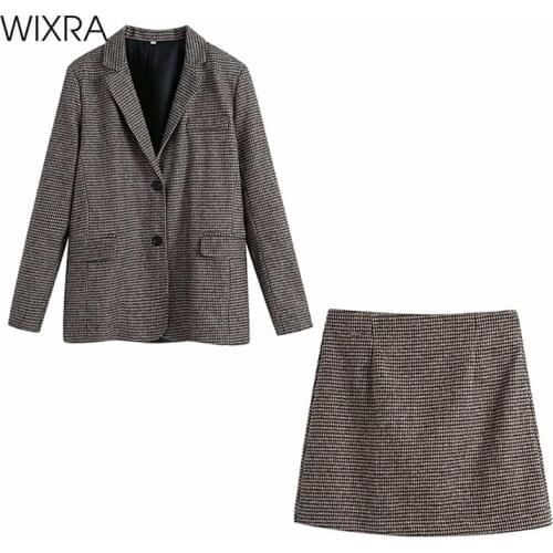 Wixra Womens Plaid Blazer Sets Turn Down Collar Tops High Waist Short Skirts Spring Summer Basic Sweatshirts Suits